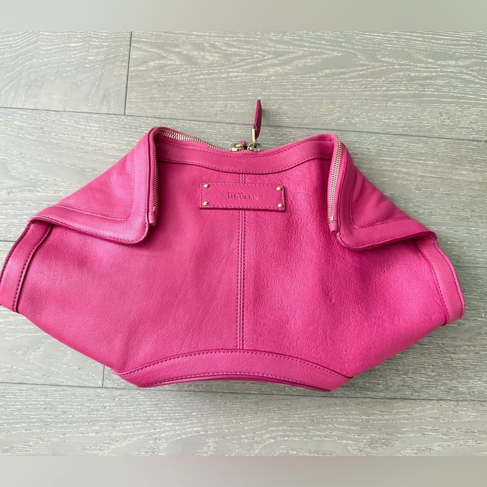 Alexander McQueen Hot Pink Fold-Over Leather Clutch with Gold Hardware